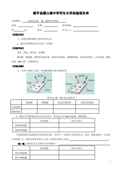 实验活动6： 酸、碱的化学性质学生实验报告单