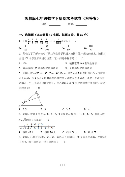 湘教版七年级数学下册期末考试卷(附答案)