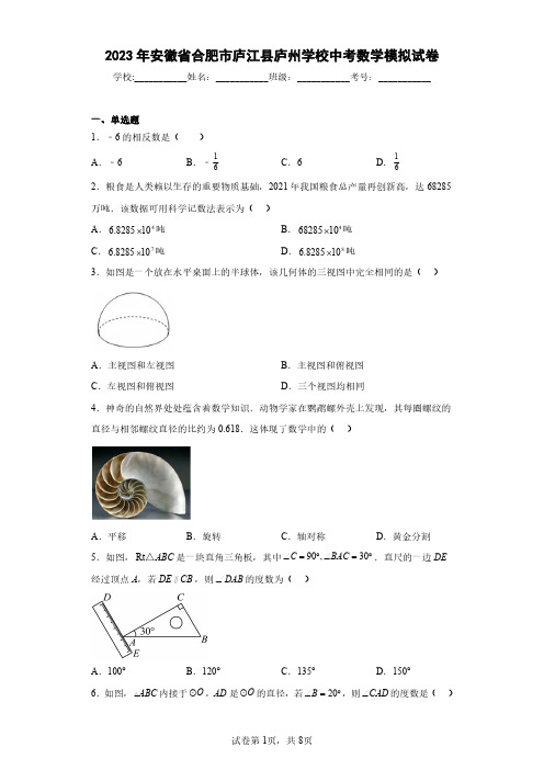 2023年安徽省合肥市庐江县庐州学校中考数学模拟试卷(含答案解析)