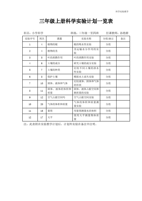 青岛版科学三年级上册实验通知单