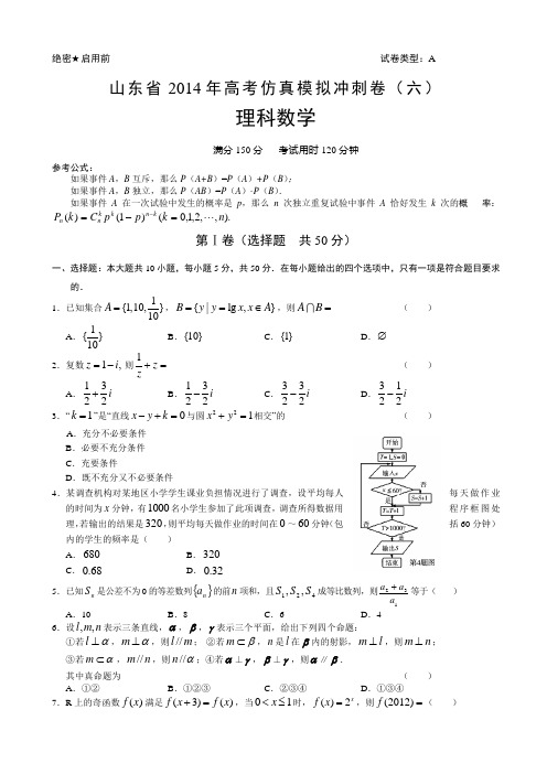 2014年山东省高考数学理科仿真模拟冲刺试题(有答案)(六)