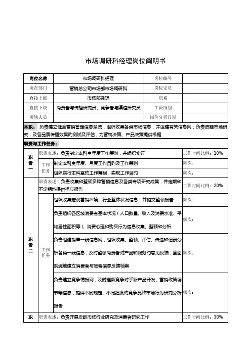 市场调研科经理的岗位专项说明书