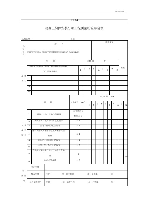 混凝土构件安装分项工程质量检验评定表