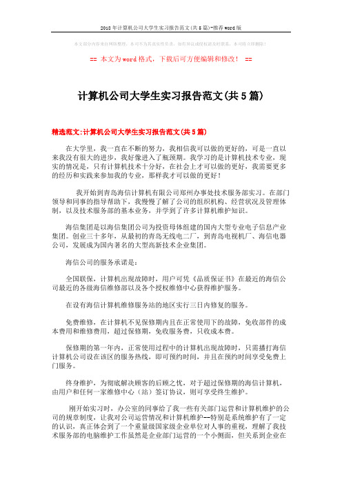 2018年计算机公司大学生实习报告范文(共5篇)-推荐word版 (14页)