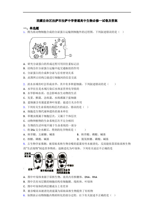 西藏自治区拉萨市拉萨中学普通高中生物必修一试卷及答案