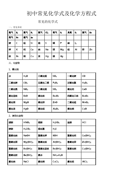 初中常见化学式及化学方程式大全