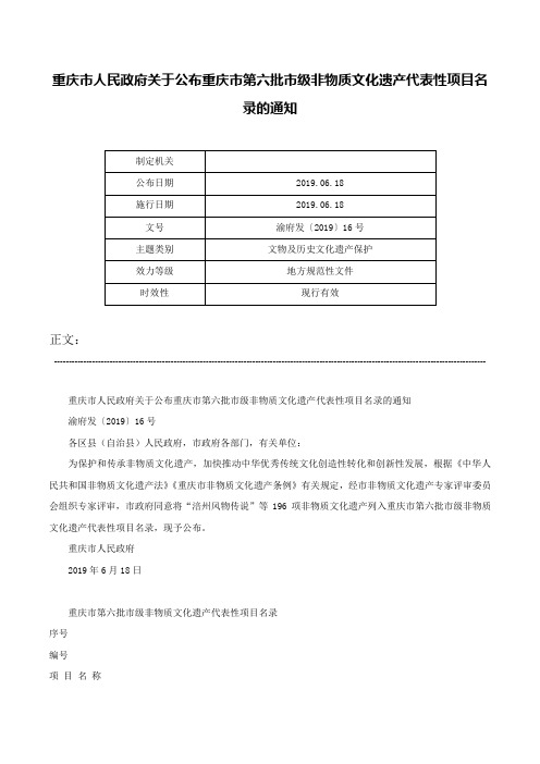 重庆市人民政府关于公布重庆市第六批市级非物质文化遗产代表性项目名录的通知-渝府发〔2019〕16号