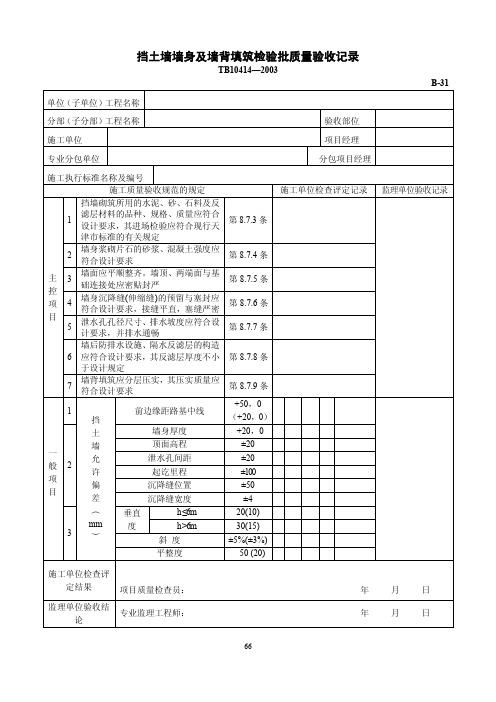 挡土墙墙身及墙背填筑检验批质量验收记录