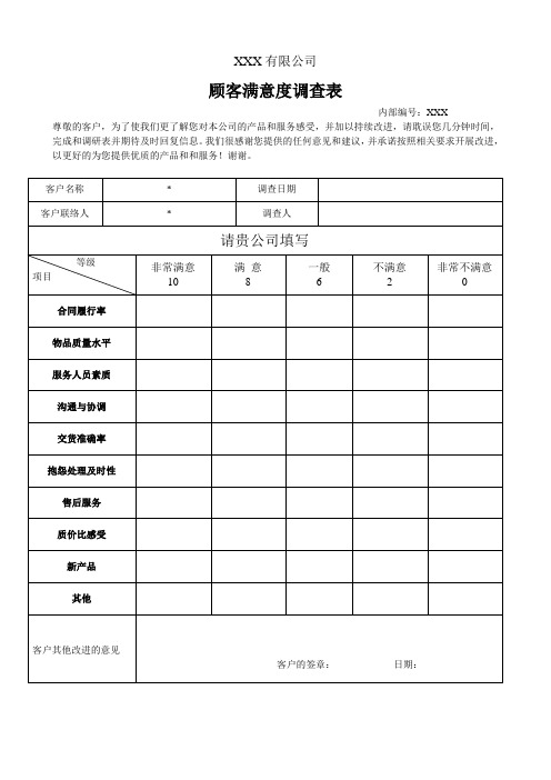 客户满意度调查表(模板一)