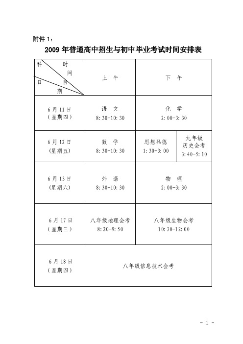 2009年普通高中招生与初中毕业考试时间安排表