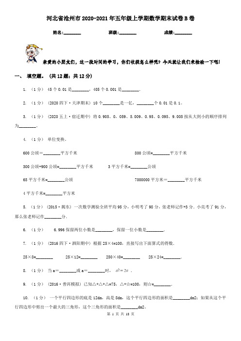 河北省沧州市2020-2021年五年级上学期数学期末试卷B卷