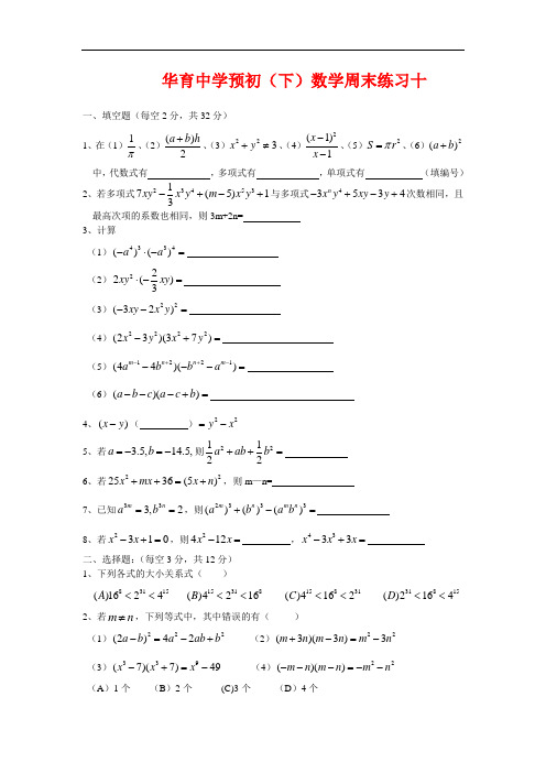 华育中学预初(下)数学周末练习十