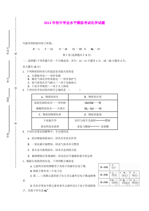 山东省微山县付村一中2014届九年级化学最后一模试题