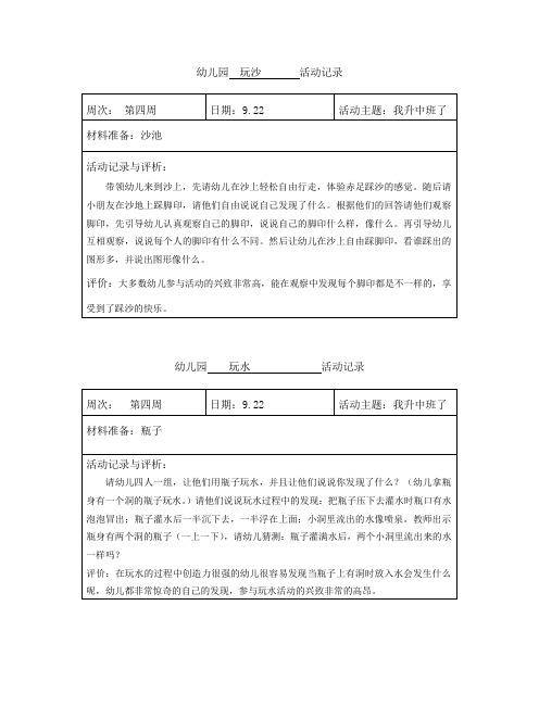 中班玩沙玩水游戏记载