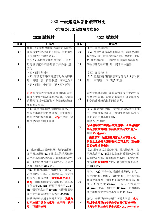 2021一级建造师《市政》新旧教材对比