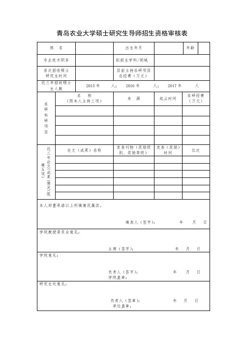 青岛农业大学硕士研究生导师招生资格审核表