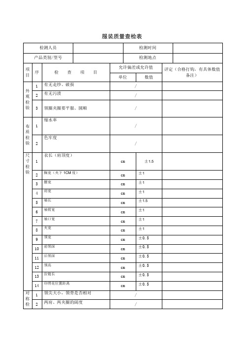 服装质量检验表