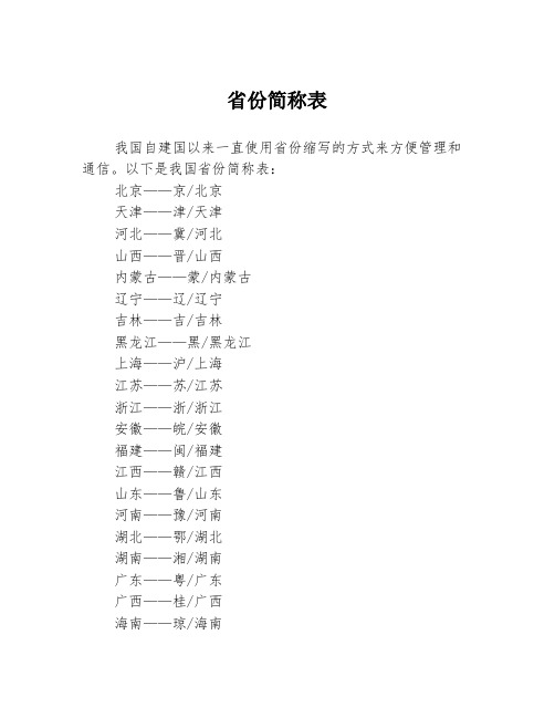 省份简称表