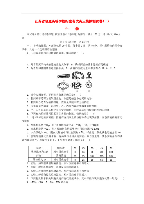 江苏省普通高等学校2017年高三生物招生考试模拟测试试题(十)