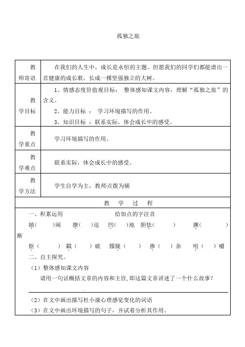 人教版初中语文年级九年级上册《10孤独之旅》word教案 (3)