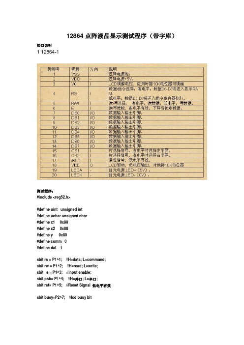 12864点阵液晶显示测试程序(带字库)