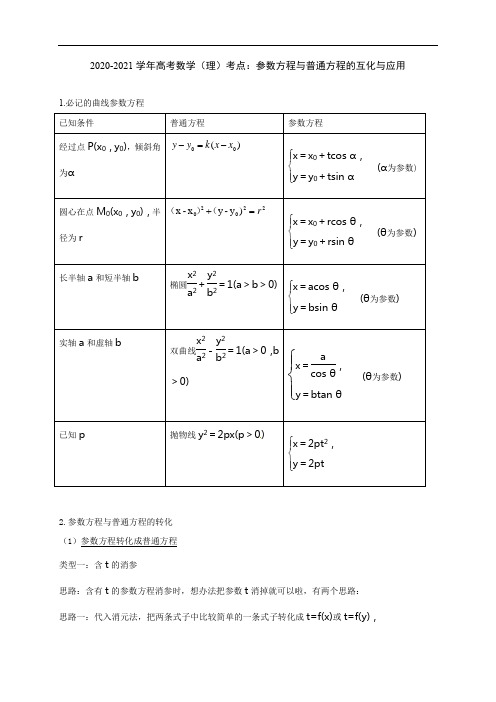 2020-2021学年高考数学(理)考点：参数方程与普通方程的互化与应用