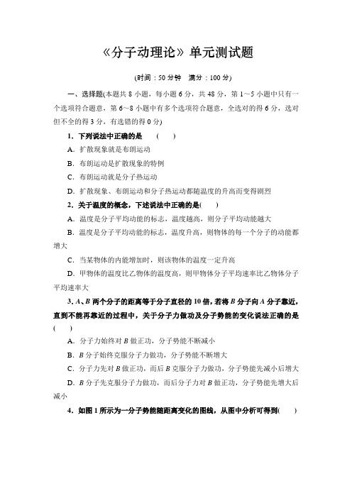 高中物理人教版选修3-3《分子动理论》单元测试题(含答案)