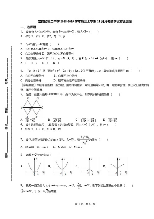 普陀区第二中学2018-2019学年高三上学期11月月考数学试卷含答案