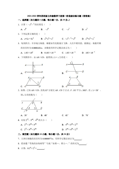 2021-2022学年苏科版七年级数学下册第一阶段综合练习题(附答案)