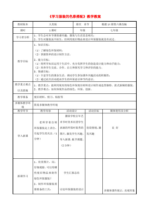 七年级美术下册6学习服装的色彩搭配教学教案人美版