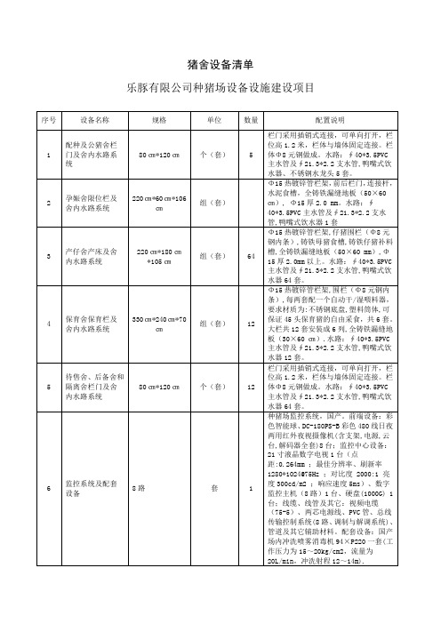 猪舍所需求设备清单