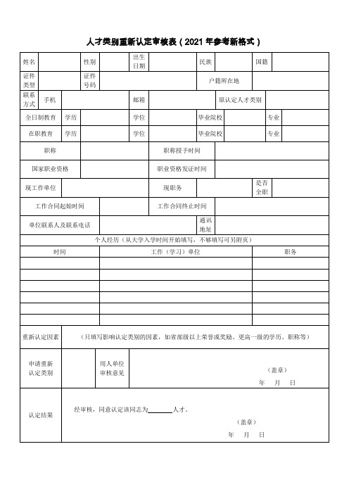 人才类别重新认定审核表(2021年参考新格式)