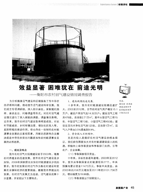 效益显著 困难犹在 前途光明——衡阳市农村沼气建设情况调查报告