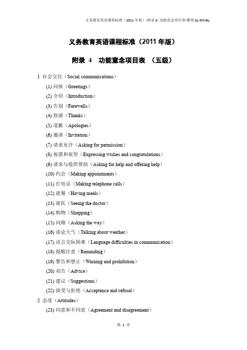 义务教育英语课程标准(2011年版)-附录4 功能意念项目表