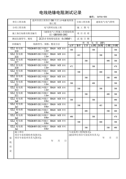 电线绝缘电阻测试记录