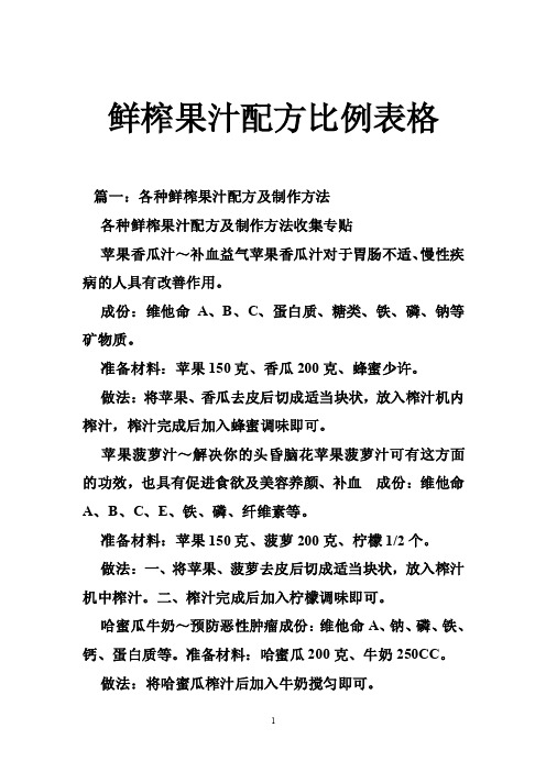 鲜榨果汁配方比例表格