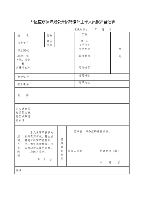 XX区医疗保障局公开招聘编外工作人员报名登记表【模板】