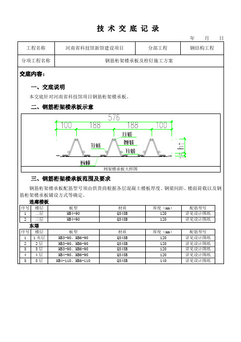 钢结构钢筋桁架楼承板及栓钉施工方案