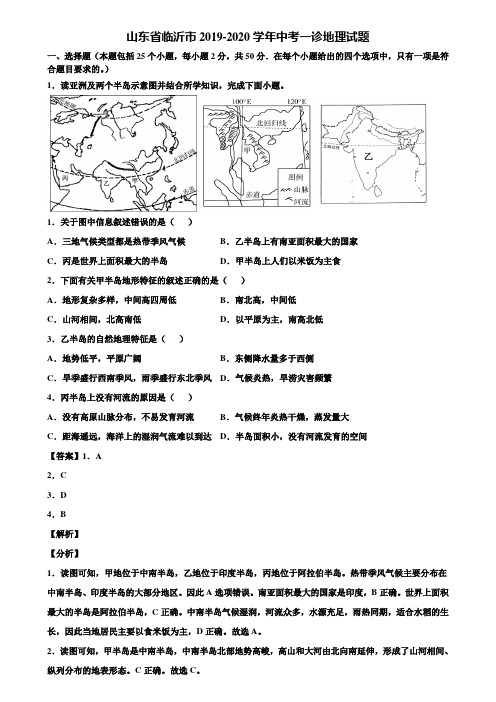 山东省临沂市2019-2020学年中考一诊地理试题含解析