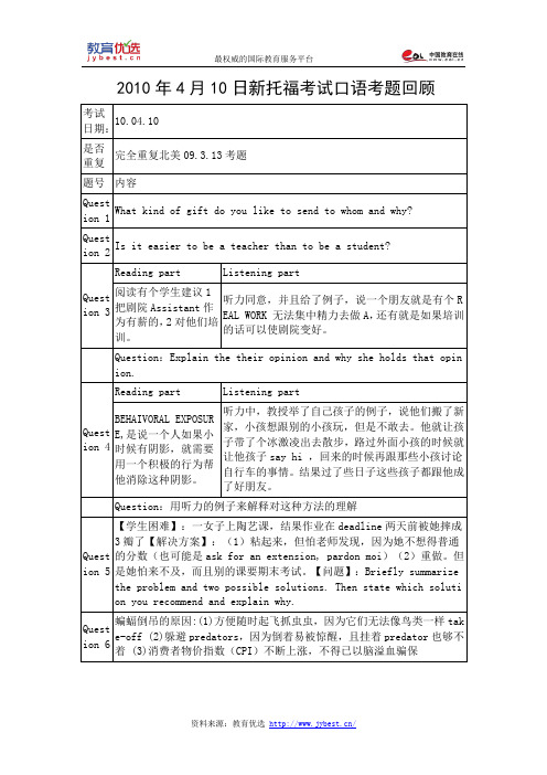 2010年4月10日新托福考试口语考题回顾