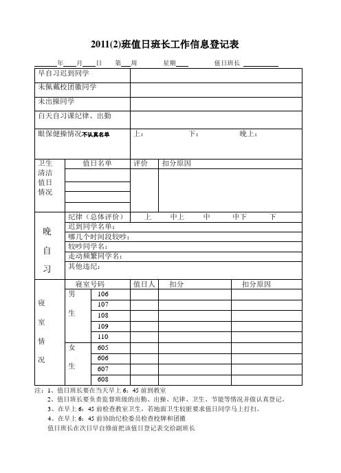 值日班长工作信息登记表