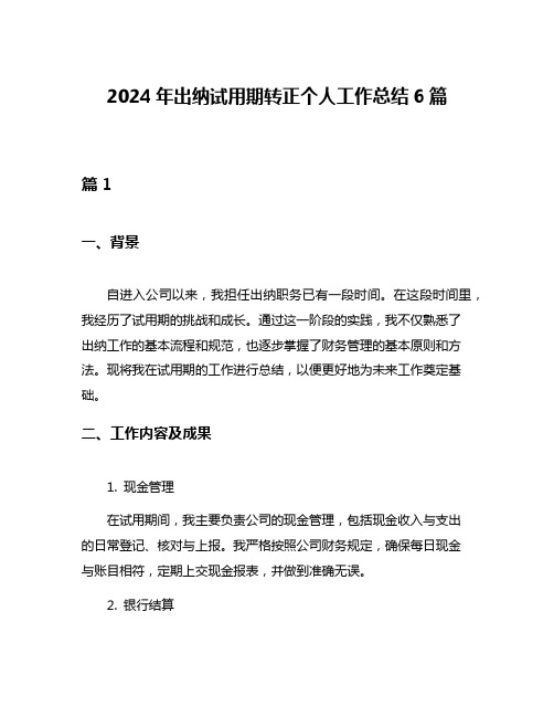 2024年出纳试用期转正个人工作总结6篇