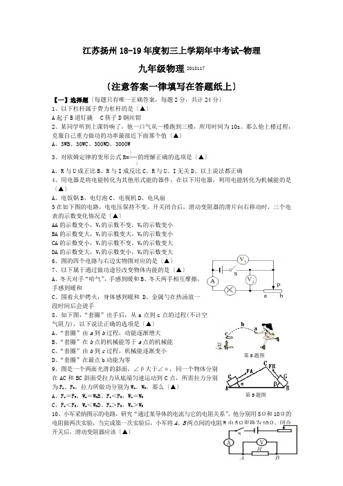 江苏扬州18-19年度初三上学期年中考试-物理