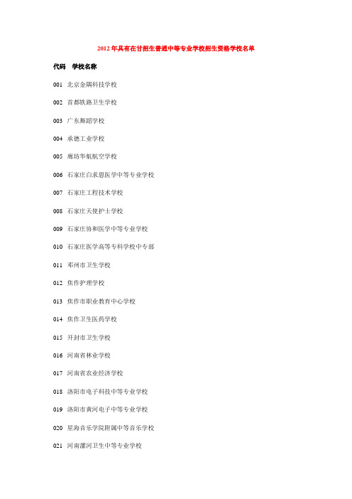 2012年具有在甘招生普通中等专业学校招生资格学校名单