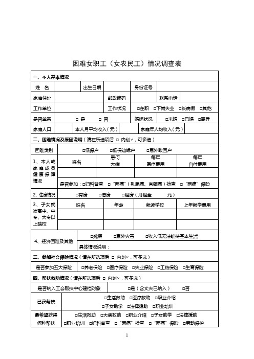 困难女职工(女农民工)情况调查表