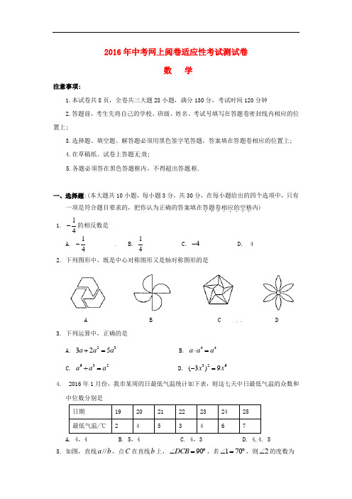 江苏省张家港市中考数学网上阅卷适应性考试测试卷