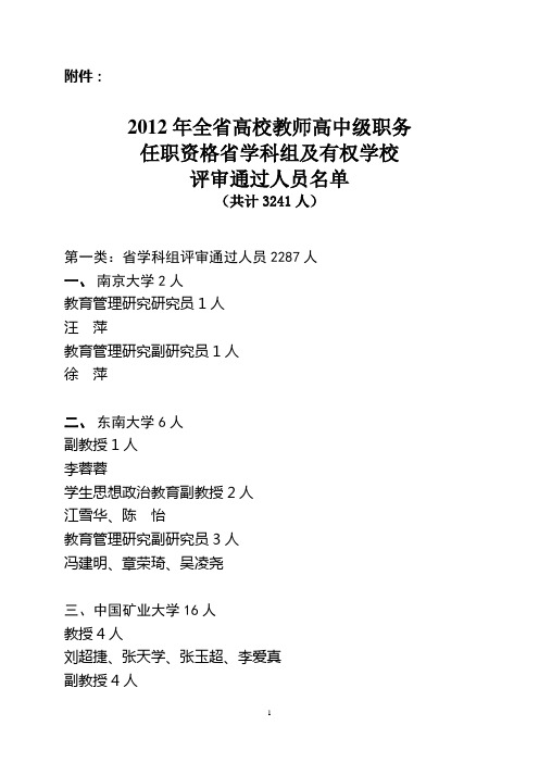 2012年 江苏省 高校教师评审 高级职务(教授副教授)任职资格 学科组及有权学校评审通过人员名单