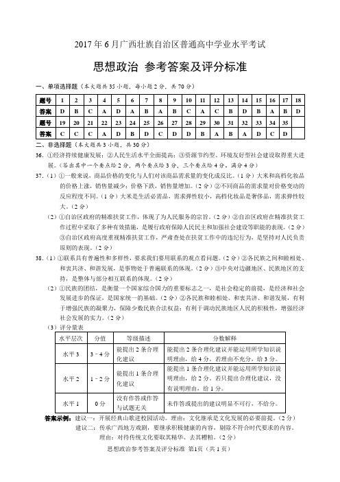 2017年6月广西学考政治A卷参考答案