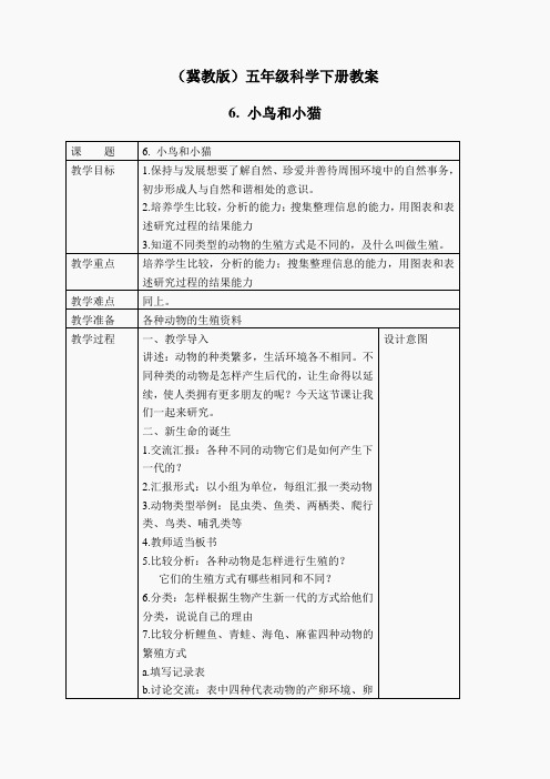 冀教小学科学五下册《6小鸟和小猫》word教案 (6)