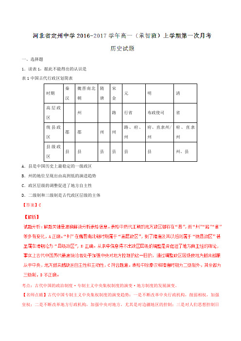 【全国百强校】河北省定州中学2016-2017学年高一(承智班)上学期第一次月考历史试题解析(解析版)